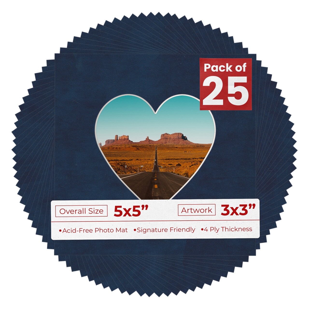 Navy Suede Mat Board for 5x5 Inch Frames - Heart Opening for 3x3 Photos